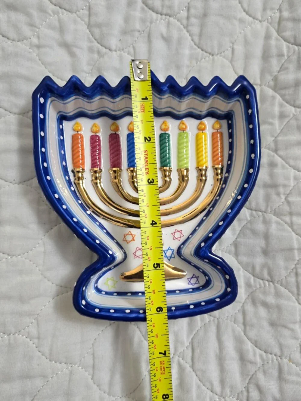 Menorah Shaped Candy Bowl Susan Fischer Weis Design Rainbow Design Ceramic Dish.